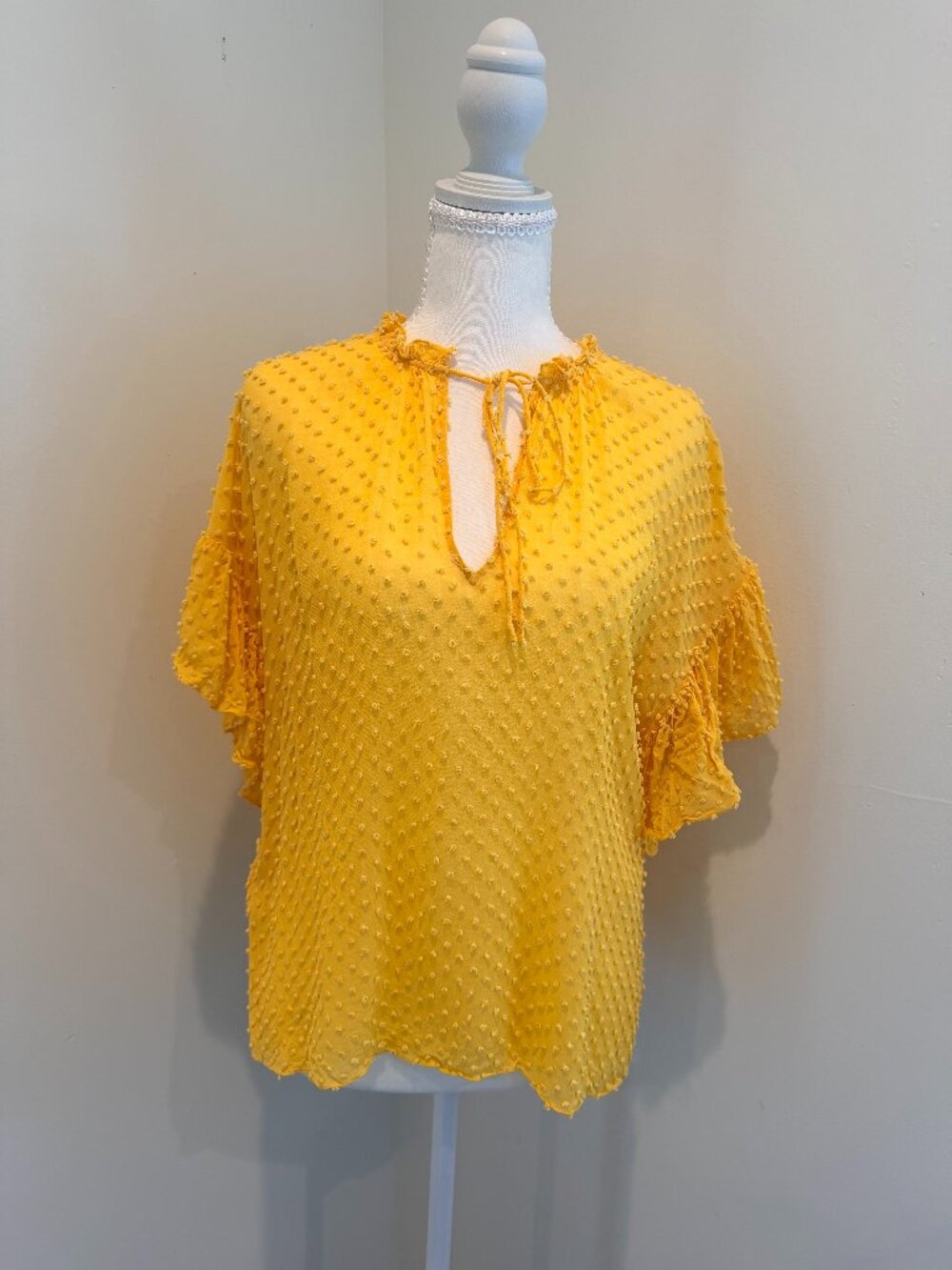 Alice & Olivia Yellow Julius Ruffle Dot Embellishment Tie Top Size M